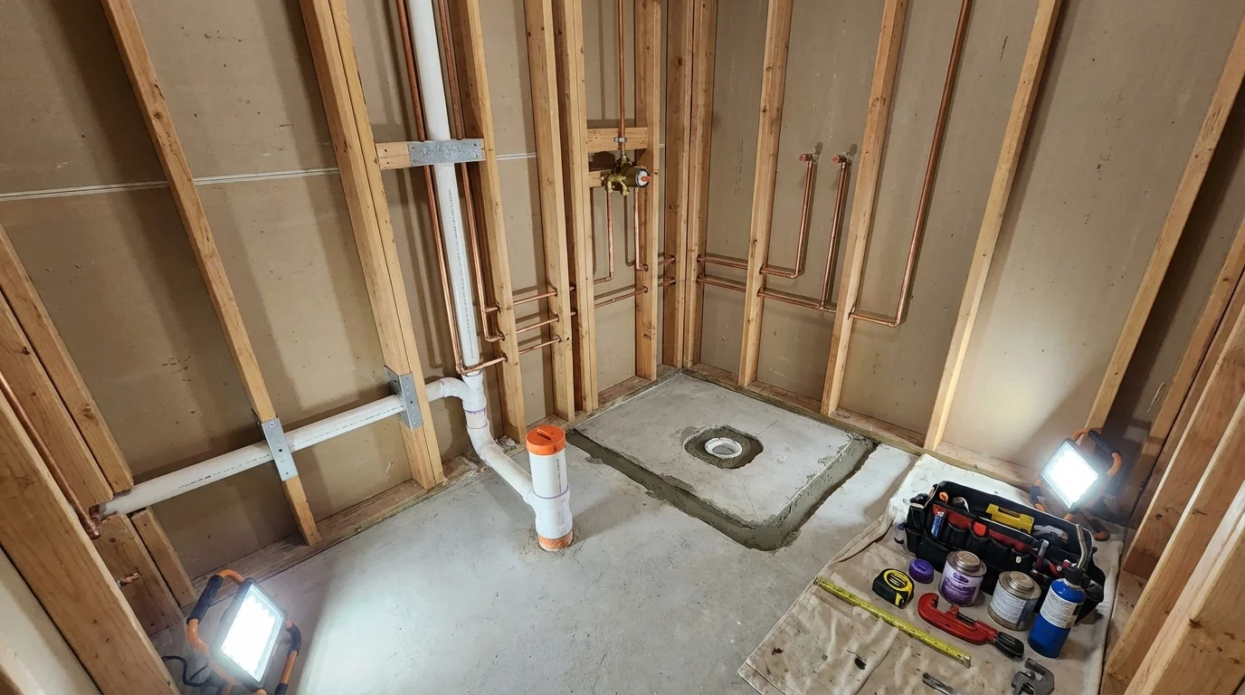 Bathroom rough-in plumbing during remodel by Johns Plumbing LLC in Horace