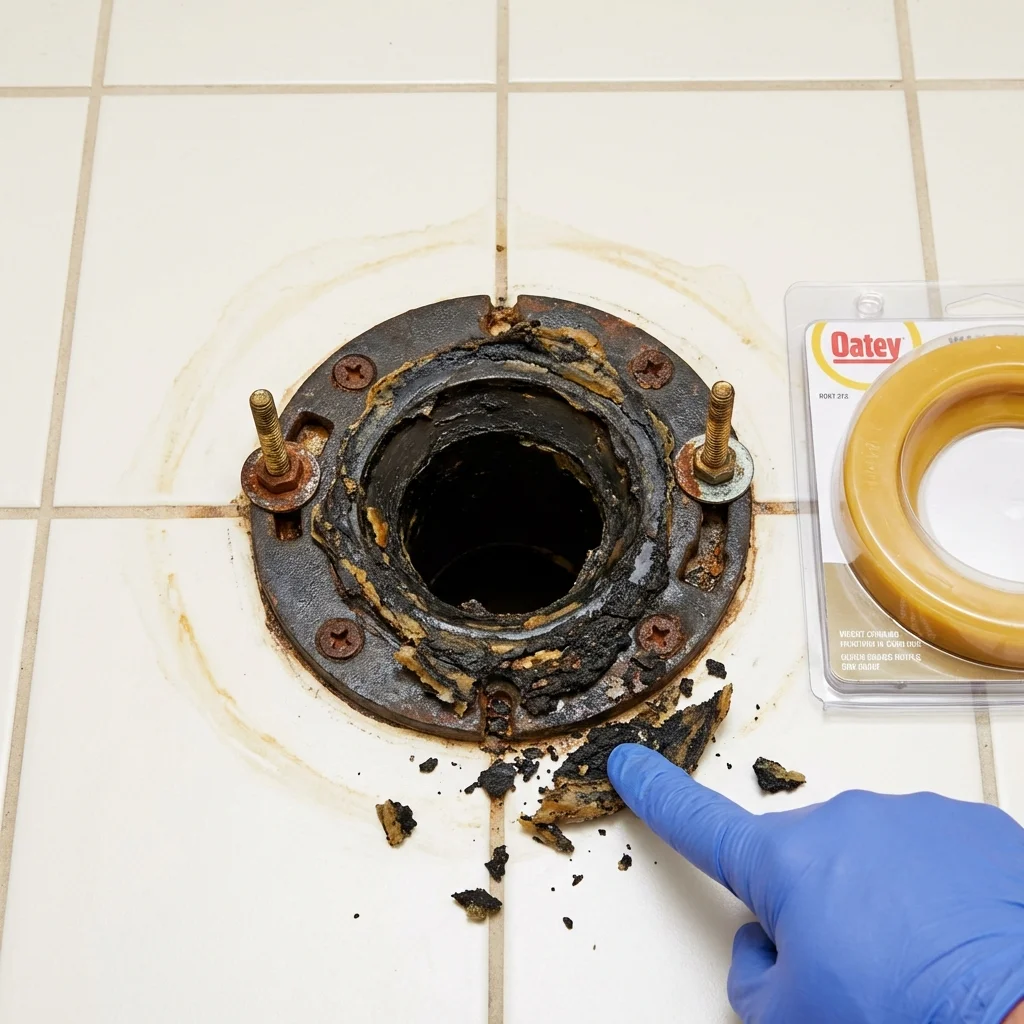 Failed wax ring showing water seepage at the base of a toilet in a Horace, ND home