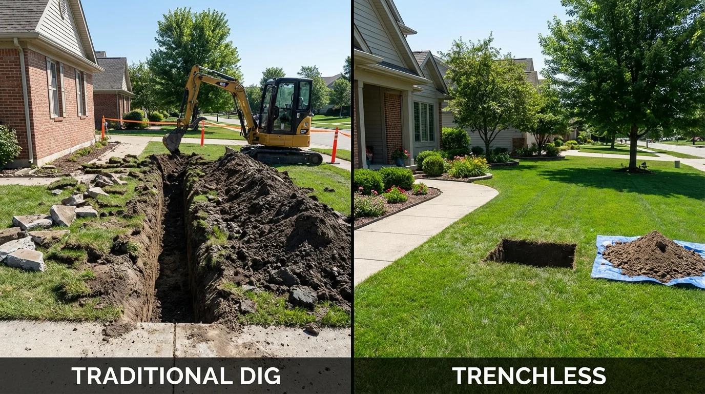 Trenchless sewer repair with minimal yard damage versus traditional excavation in Horace, ND
