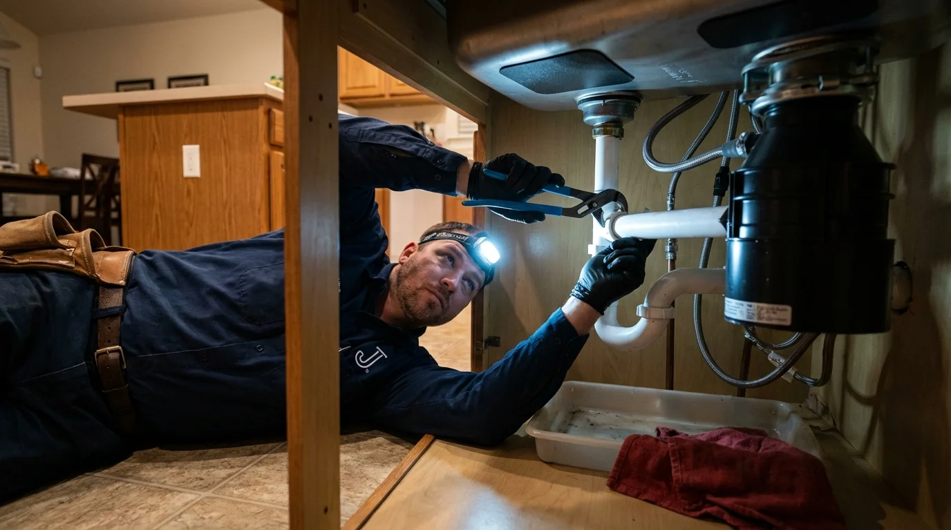 P-trap and supply line connections under a kitchen sink showing a common leak point in Horace, ND
